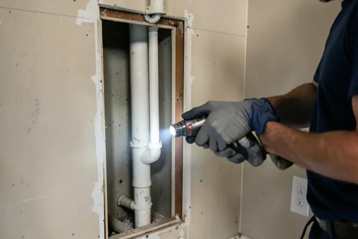 Open access panel showing a shared plastic drain stack inside a Utica apartment wall