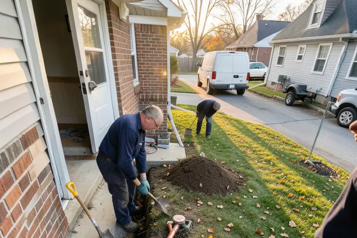 Shallow trench across a Utica front yard exposing a new copper water service line near the curb stop