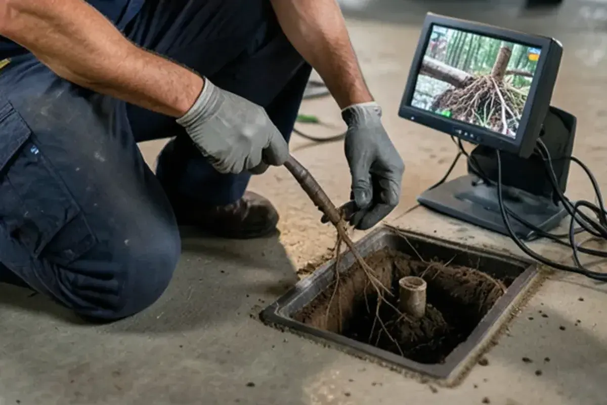 Sewer camera monitor beside a basement cleanout in an older Utica home showing roots in a clay joint