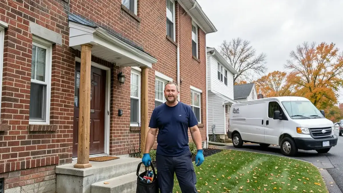 Plumber in a navy work shirt walking up to a 1970s brick condo building in Utica on a cloudy fall morning
