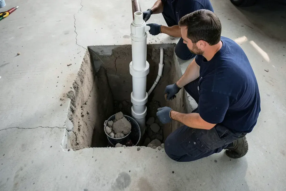 Backwater valve body set into a cut-open basement floor on a Warren building drain