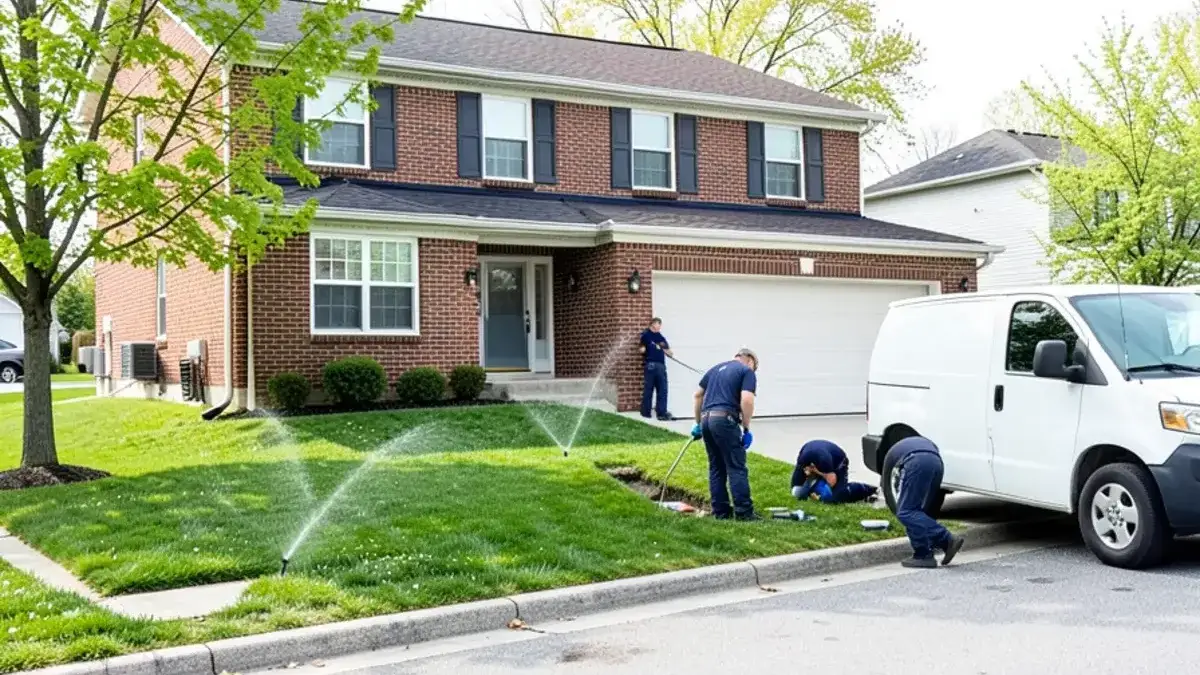 Plumbing van at the curb of a brick-front colonial in a Washington Township subdivision with sprinklers running in late spring