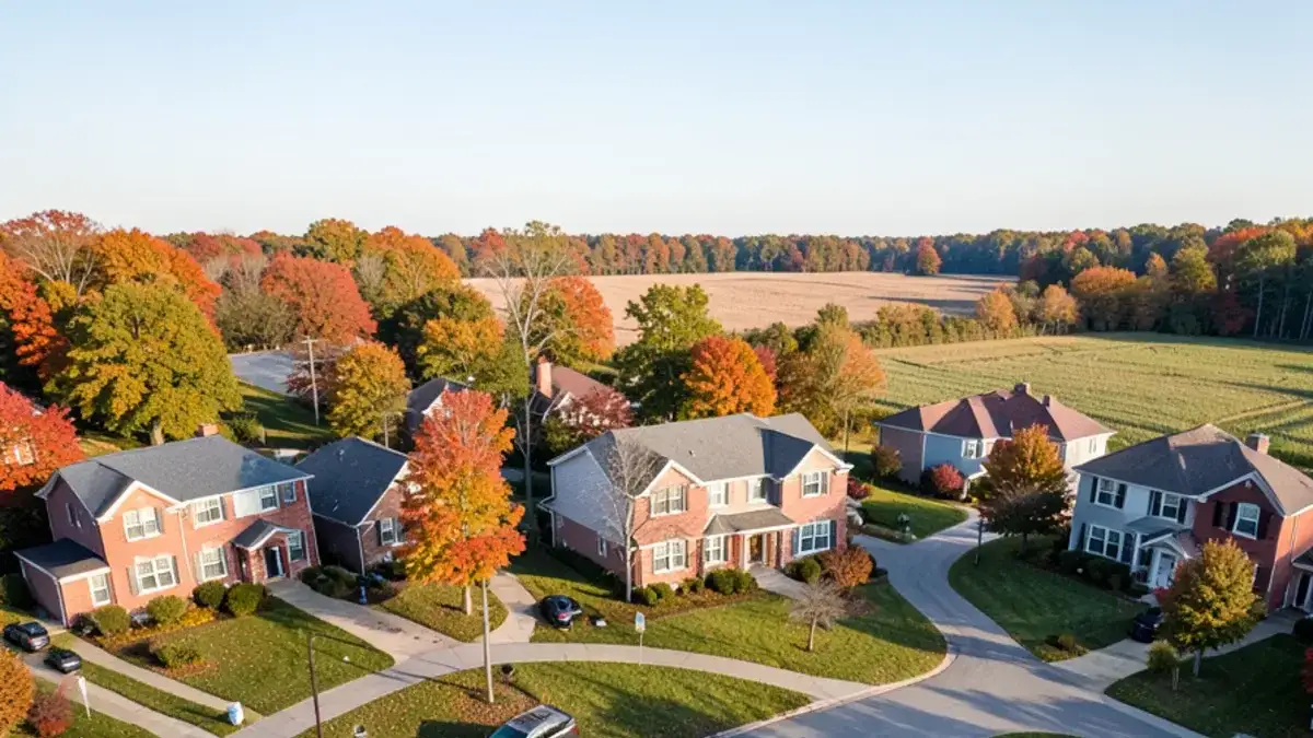 Aerial view of a Macomb County subdivision with cul-de-sacs, mature trees and farm fields beyond
