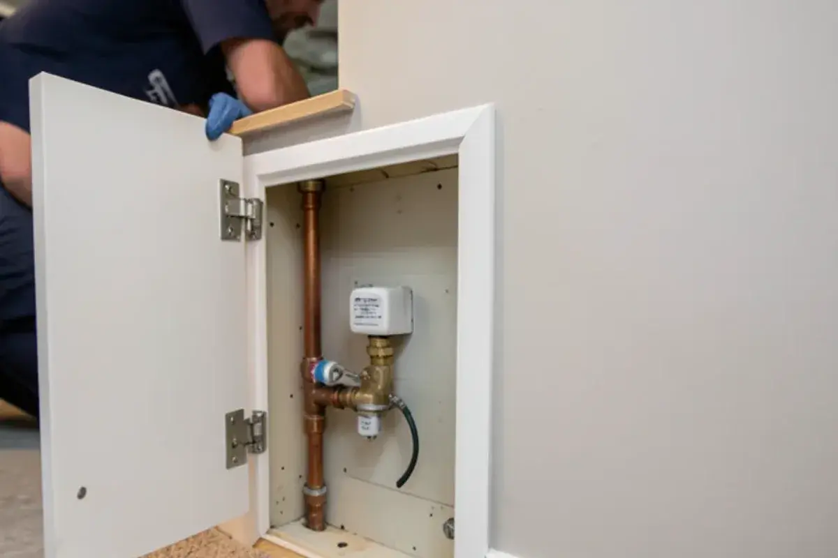 Small white access panel opened in finished basement drywall, showing the main water valve behind it