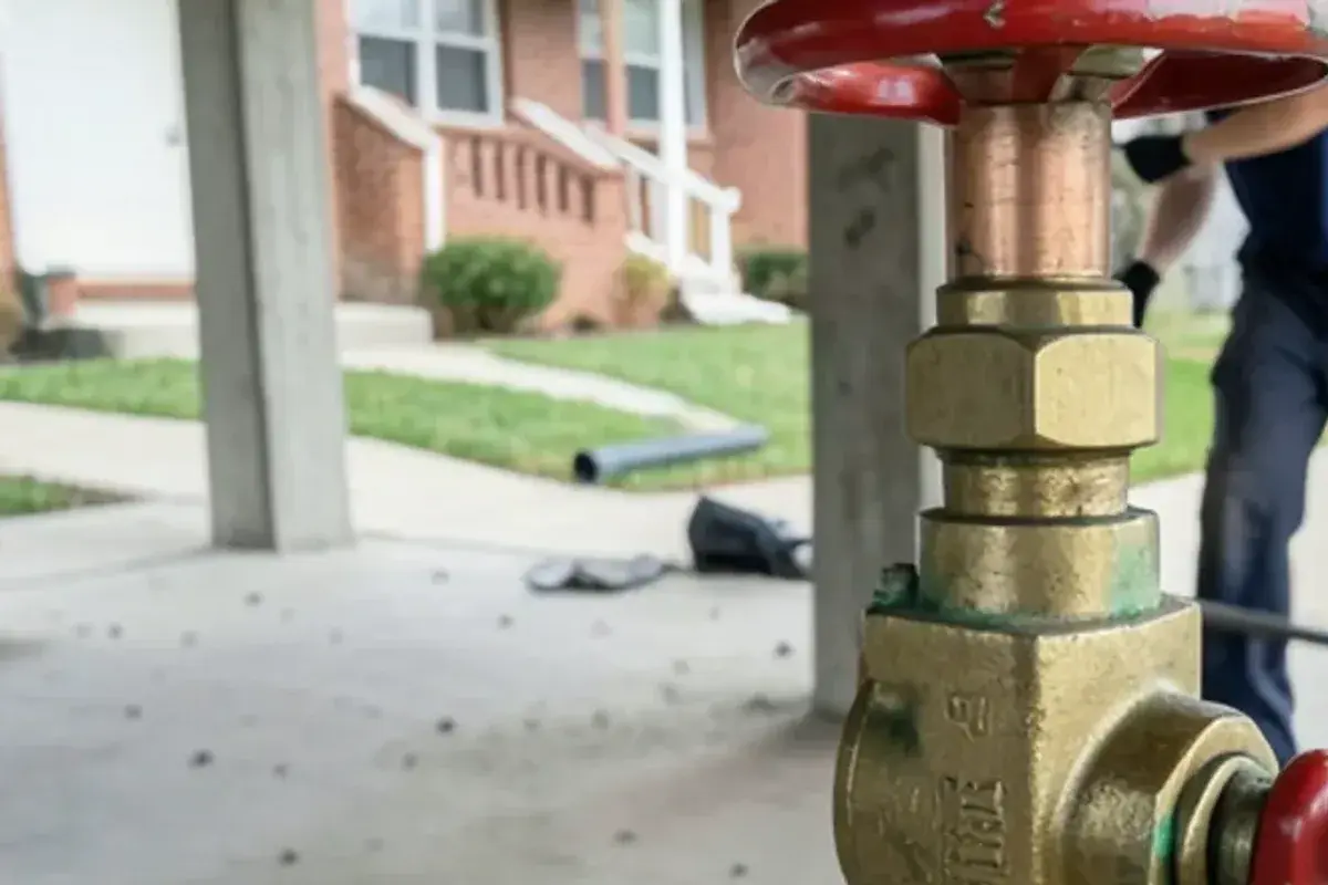 Older brass gate valve with a round red wheel handle on a copper water main