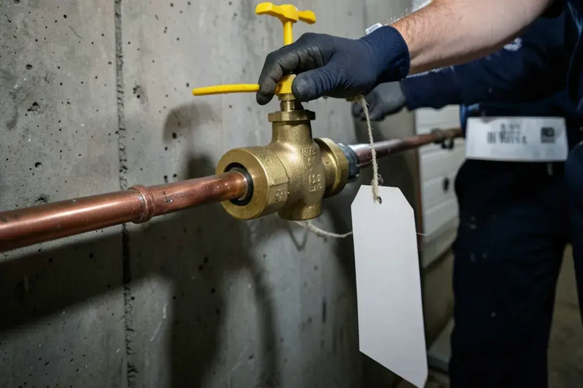 Ball valve on a water main with its lever turned across the pipe in the closed position