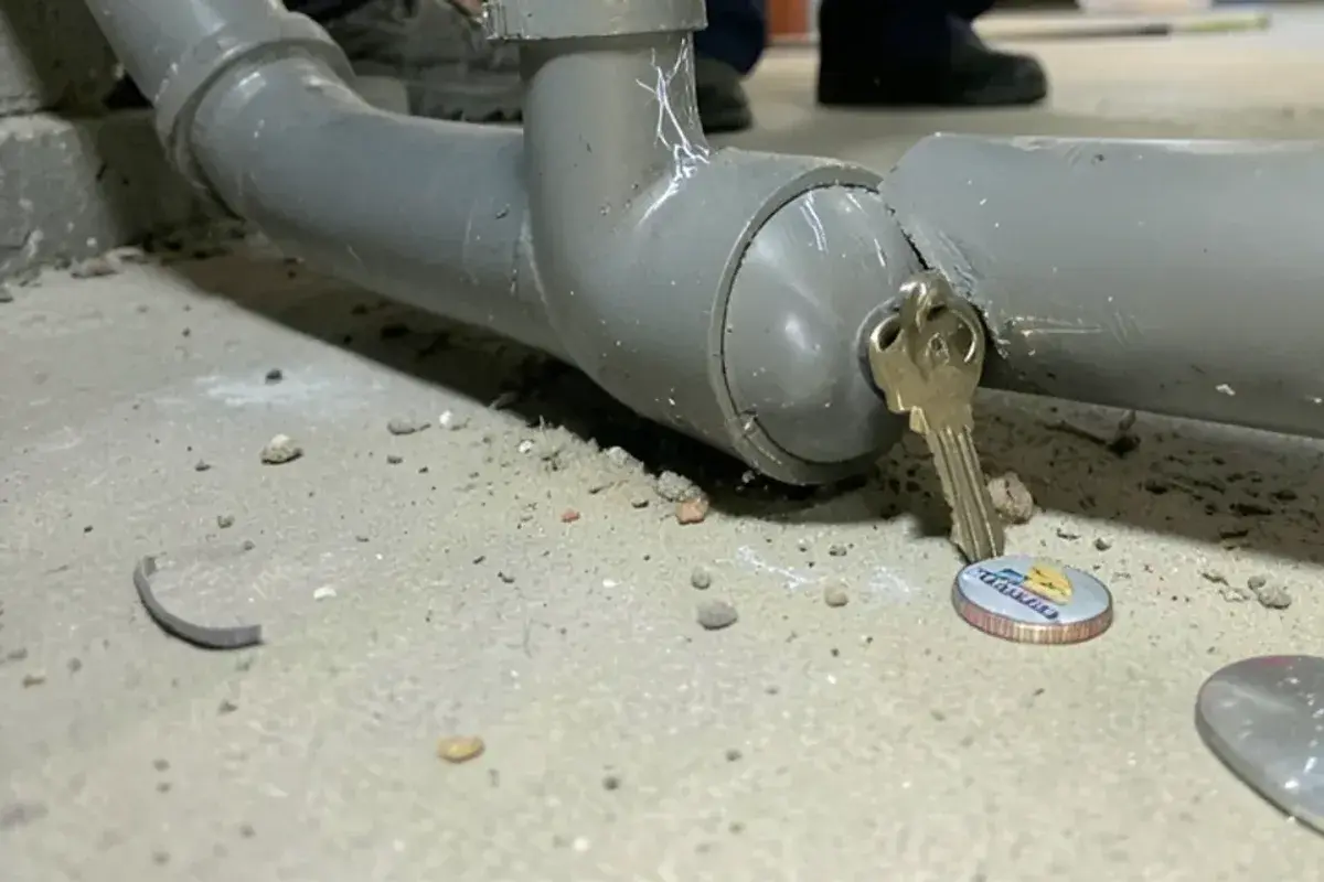 Key scratching a dull gray pipe to reveal shiny silver metal during a lead service line check