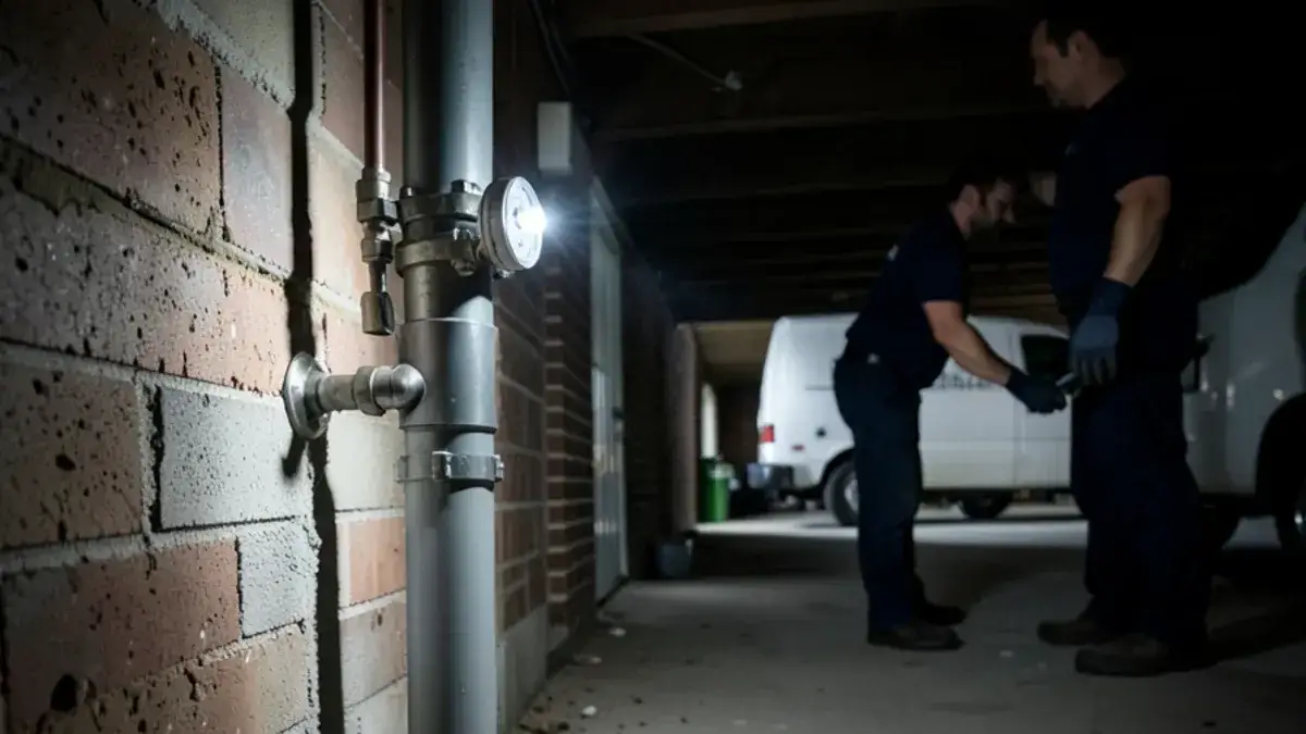 Water service line entering a Michigan basement through the foundation wall next to the main shutoff and meter