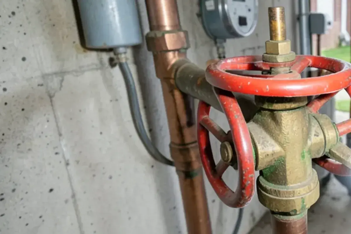 Old round-handled gate valve on a copper main water line where it enters a basement