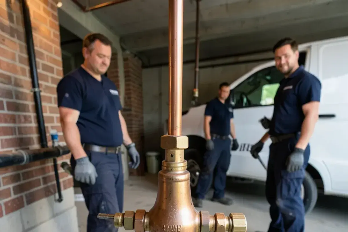 Bell-shaped brass pressure-reducing valve on the main water line after the meter