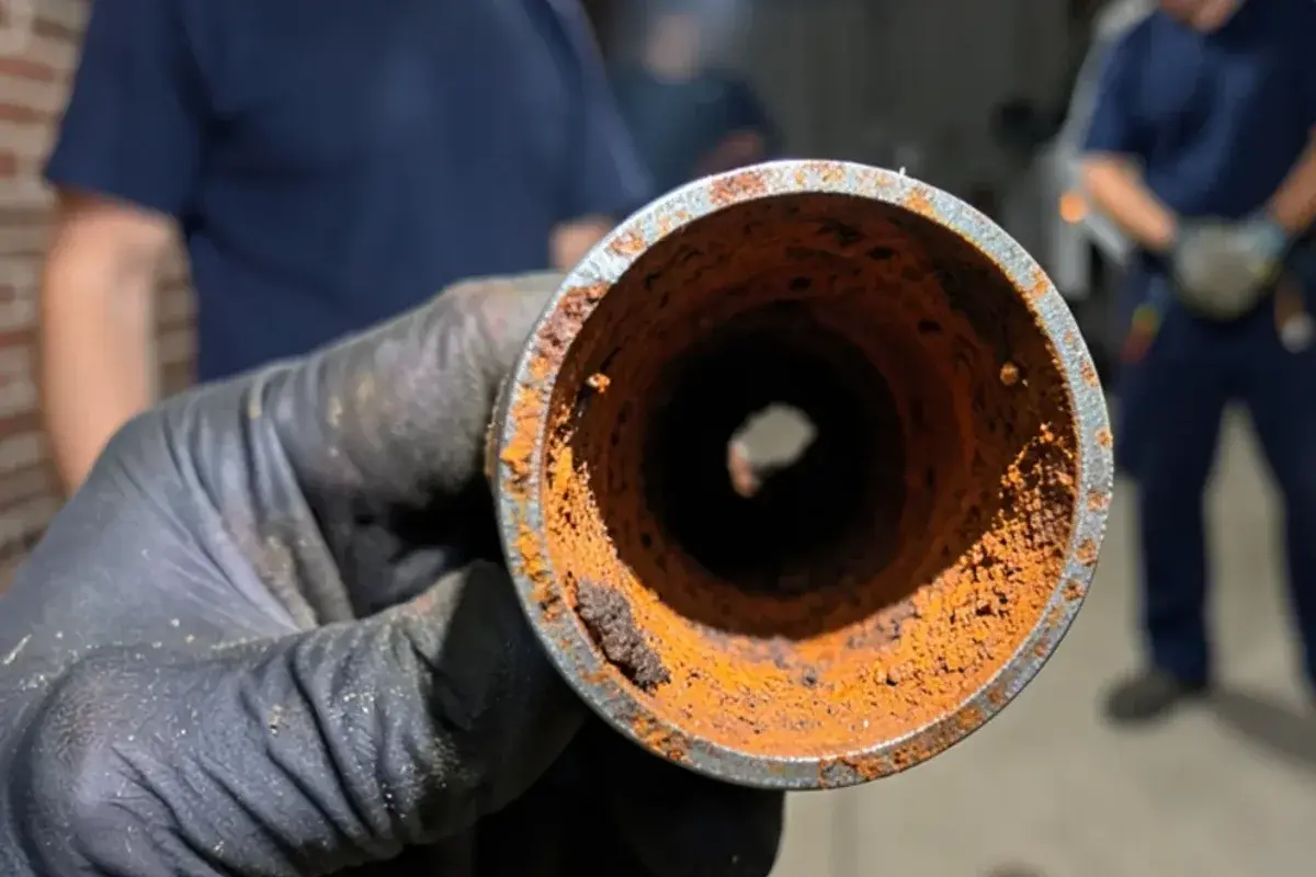 Cut galvanized water pipe with its opening narrowed by rust and mineral buildup