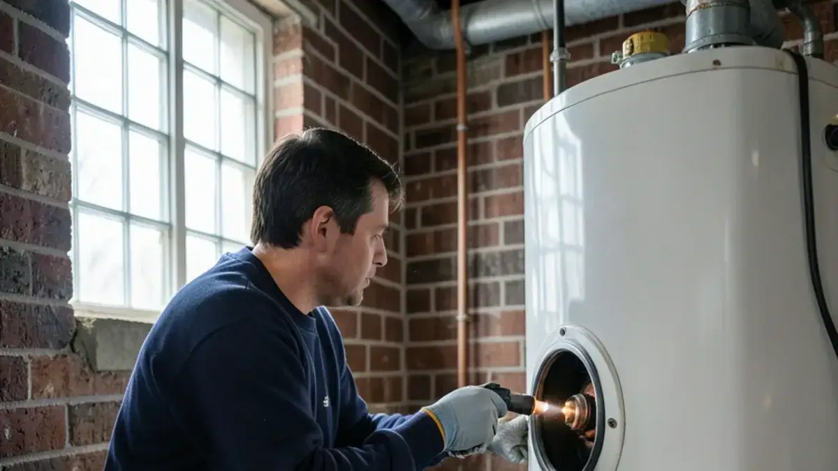Homeowner shining a flashlight into the burner viewing window of a gas water heater with no hot water