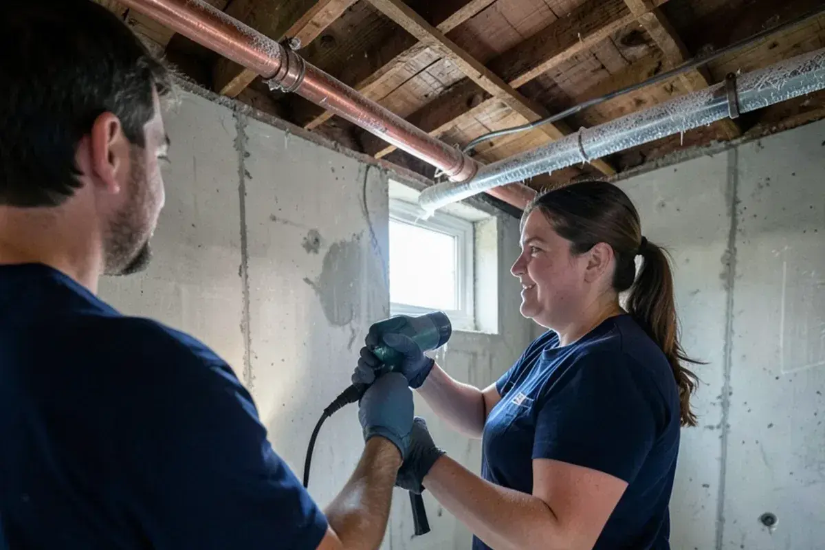 Hair dryer warming a frosted copper pipe in an unfinished basement while a nearby faucet stays open