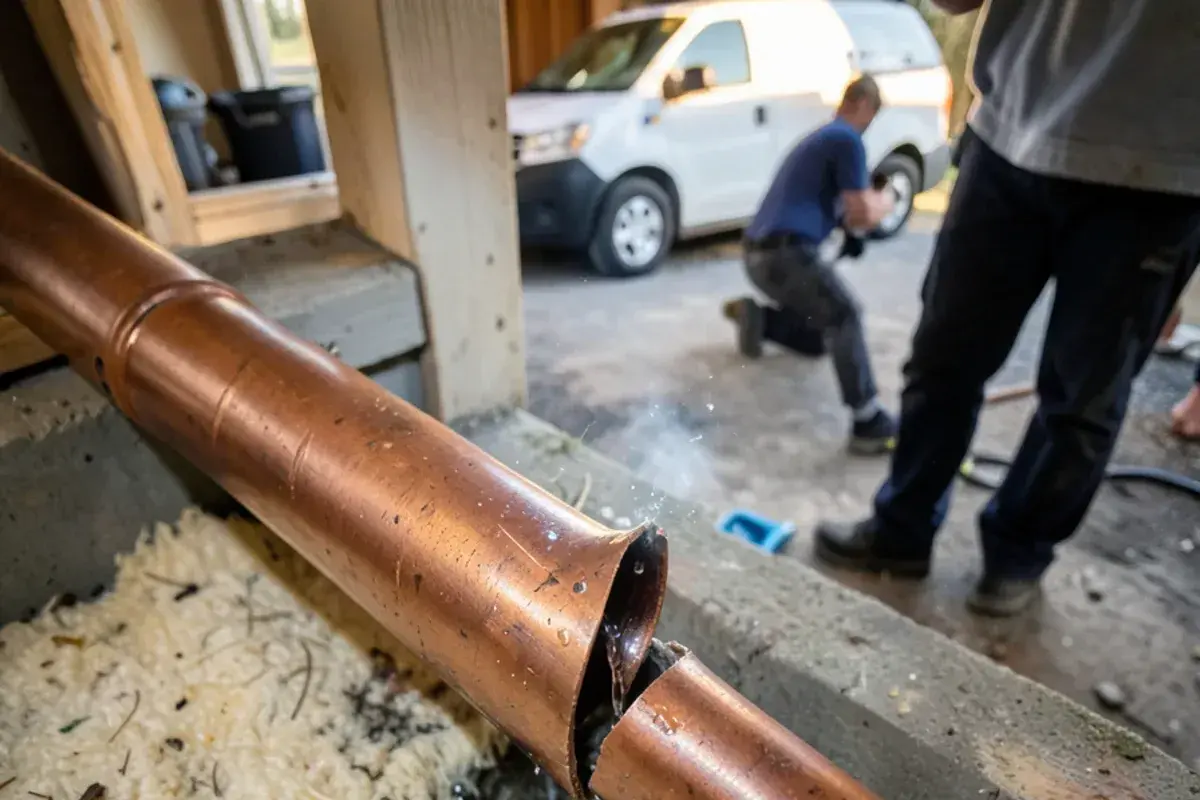 Copper pipe with a lengthwise split dripping water after a freeze and thaw