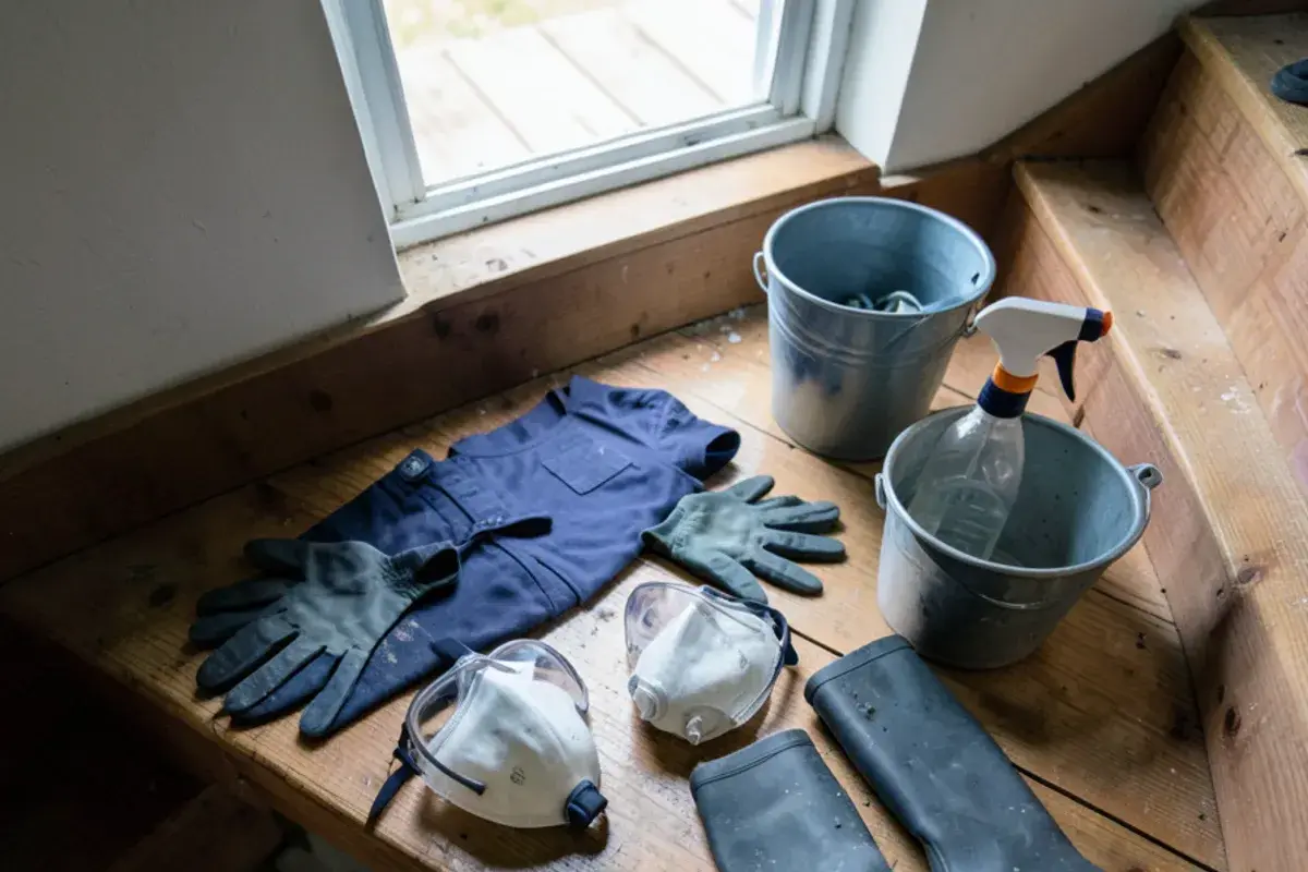 Rubber gloves, safety glasses, an N95 mask and boots laid out on basement stairs before a sewage cleanup