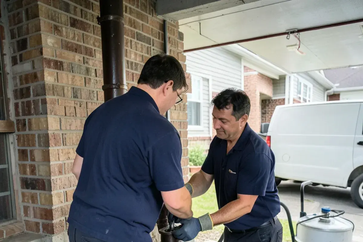 Plumber in a navy shirt opening a basement sewer cleanout with a drain machine cable ready beside it