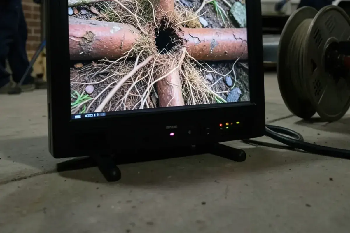 Sewer camera monitor showing tree roots inside a clay sewer lateral
