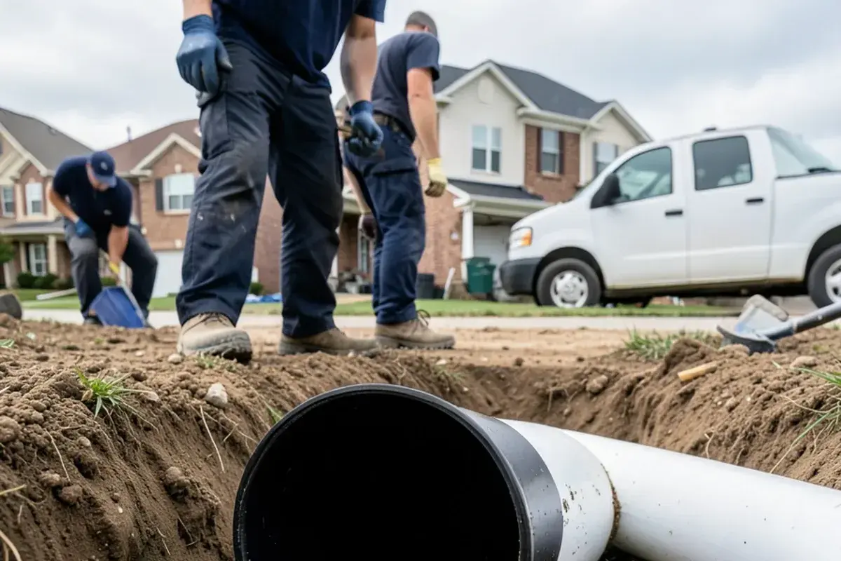 Excavated section of deformed black fiber sewer pipe next to a round PVC replacement section