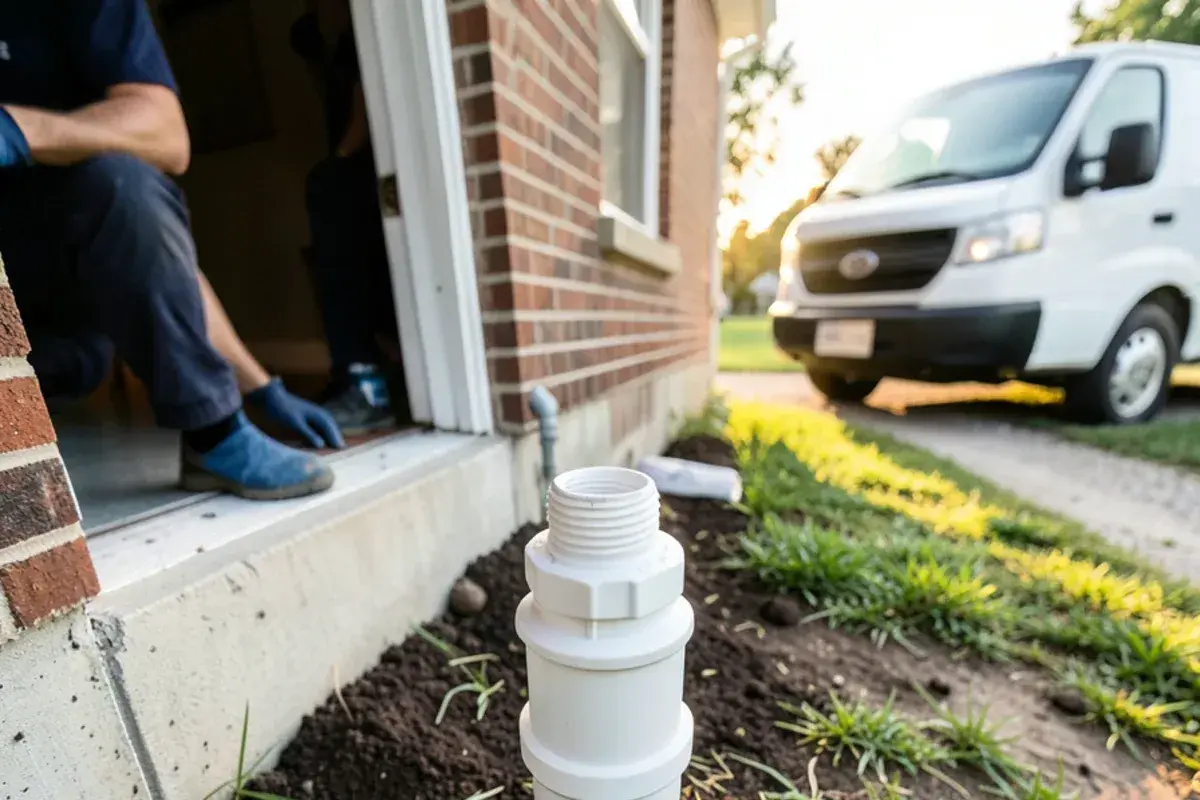 New two-way sewer cleanout riser with a capped top next to a house foundation in fresh topsoil