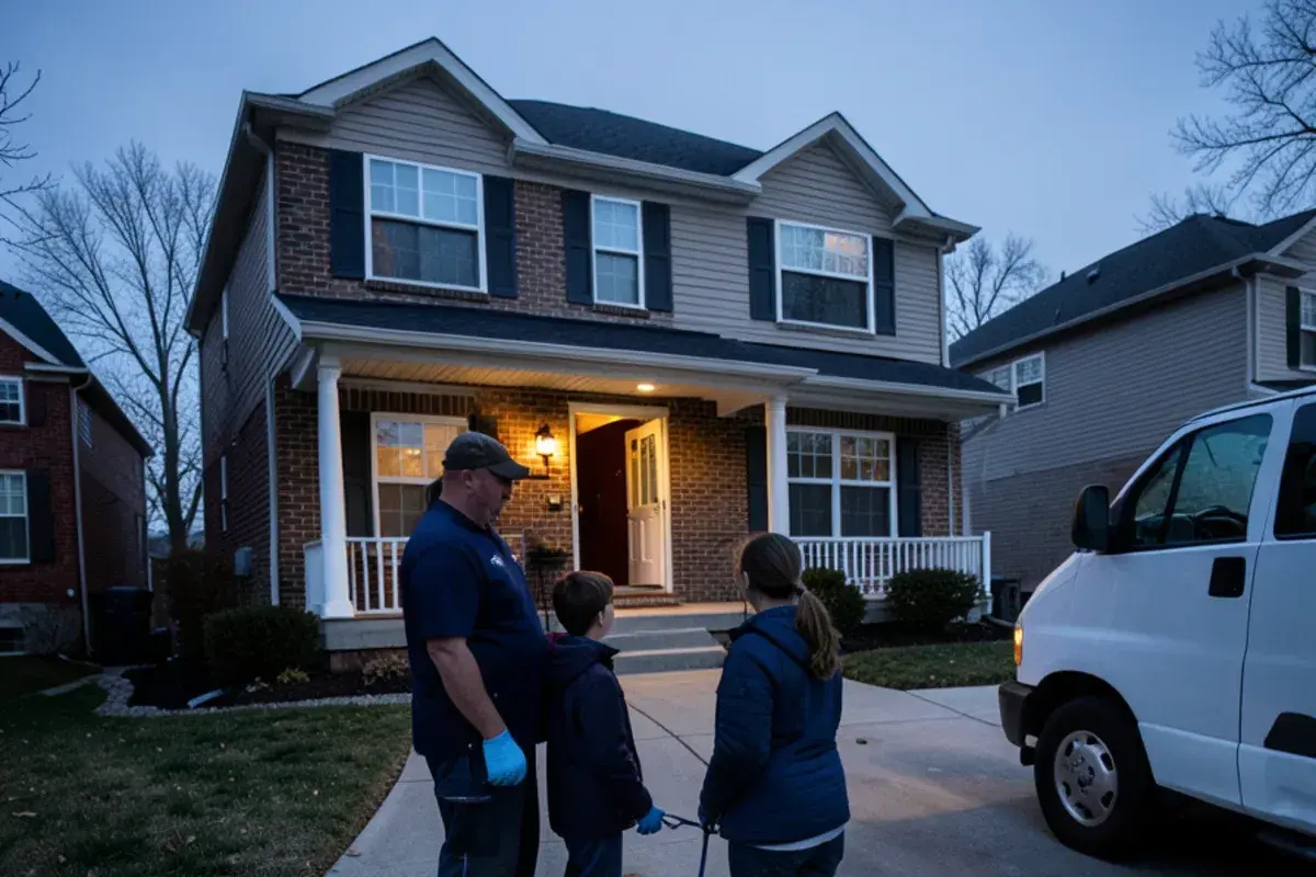 Family standing at the end of a driveway in the evening, well away from a two-story house, waiting for the gas utility