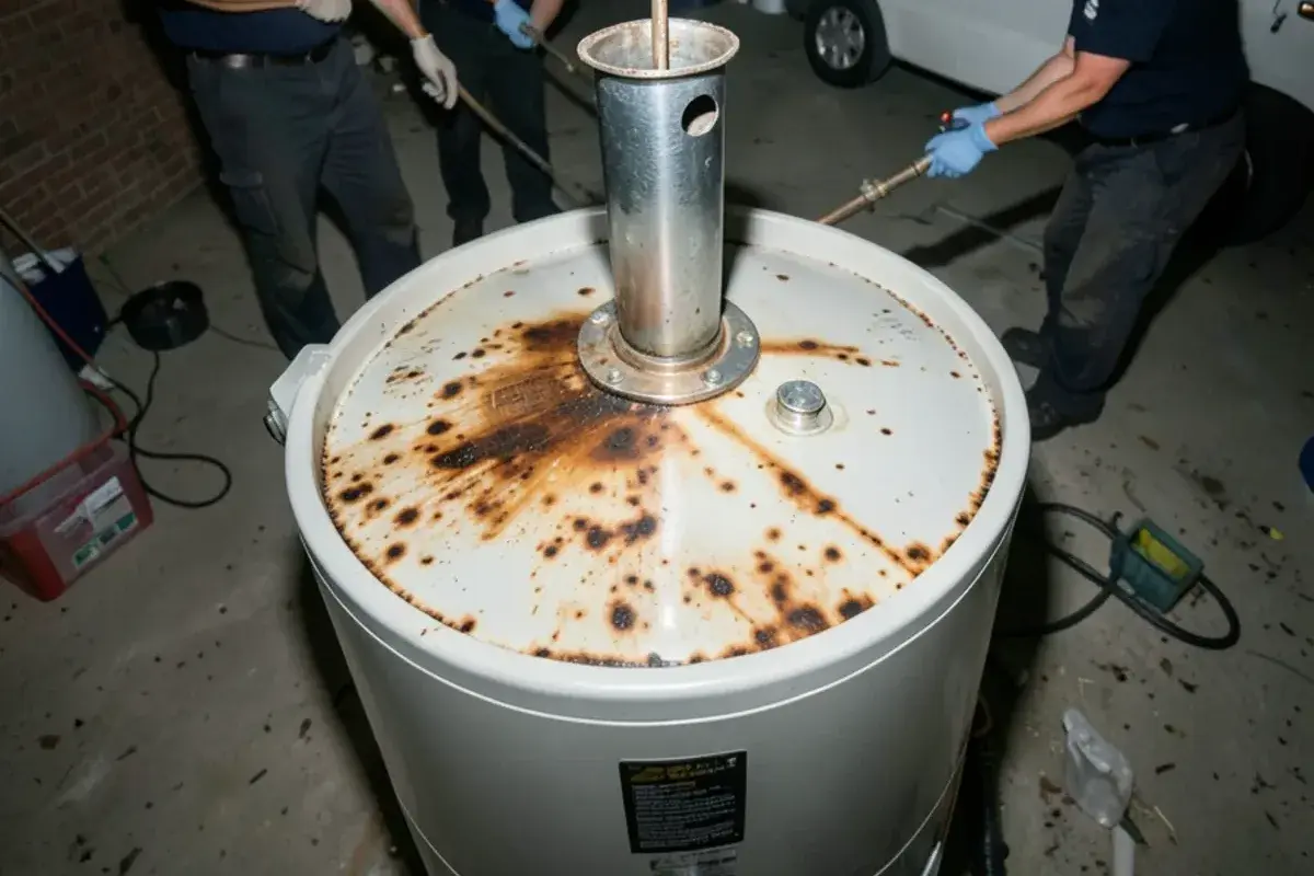 Scorch marks and rust around the draft hood on top of a gas water heater