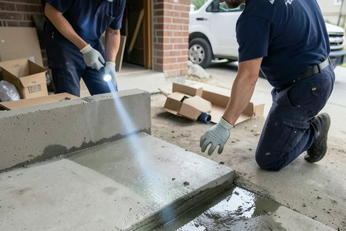 Thin line of clear water seeping in where a basement wall meets the concrete floor