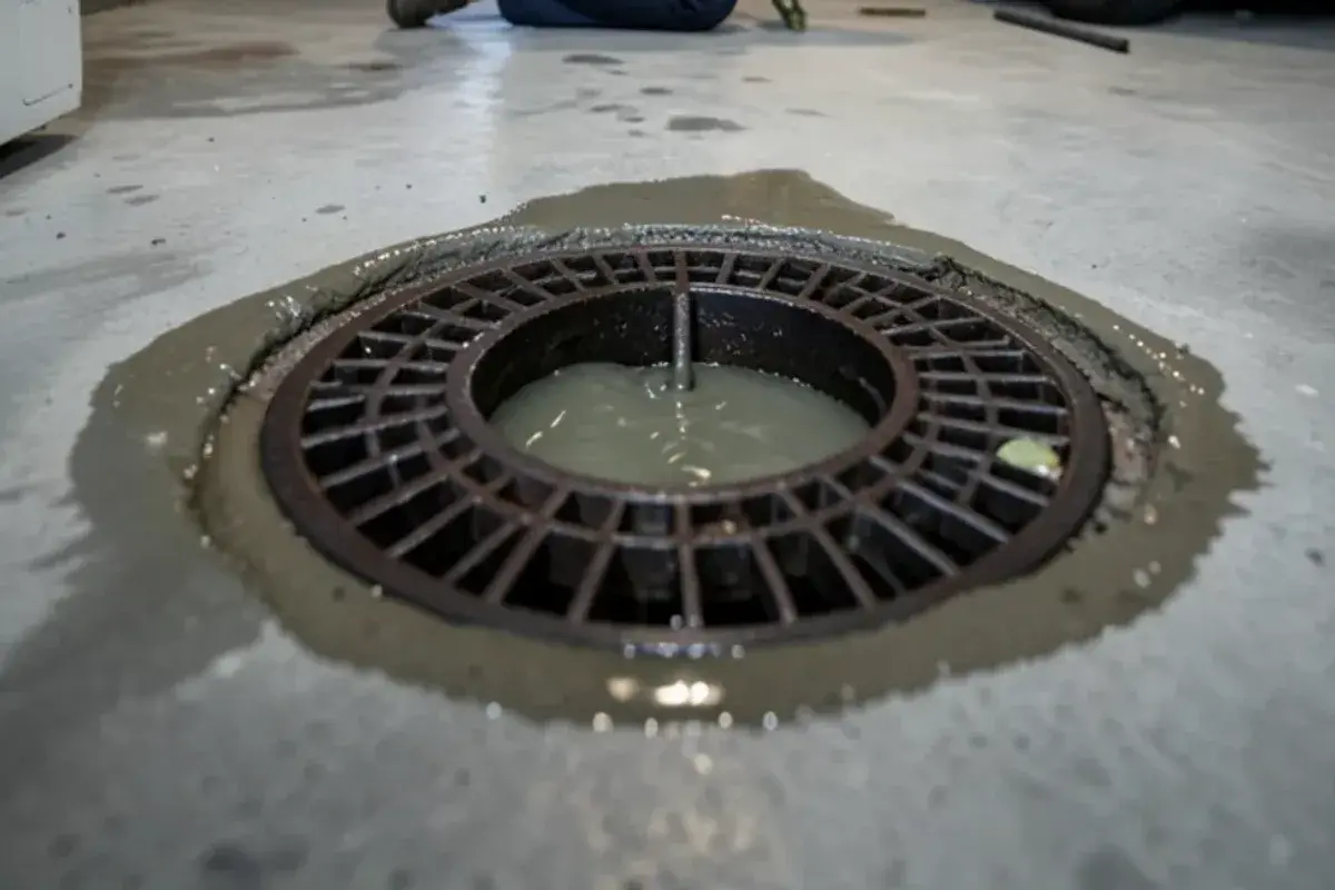 Gray water rising out of a round basement floor drain onto the concrete