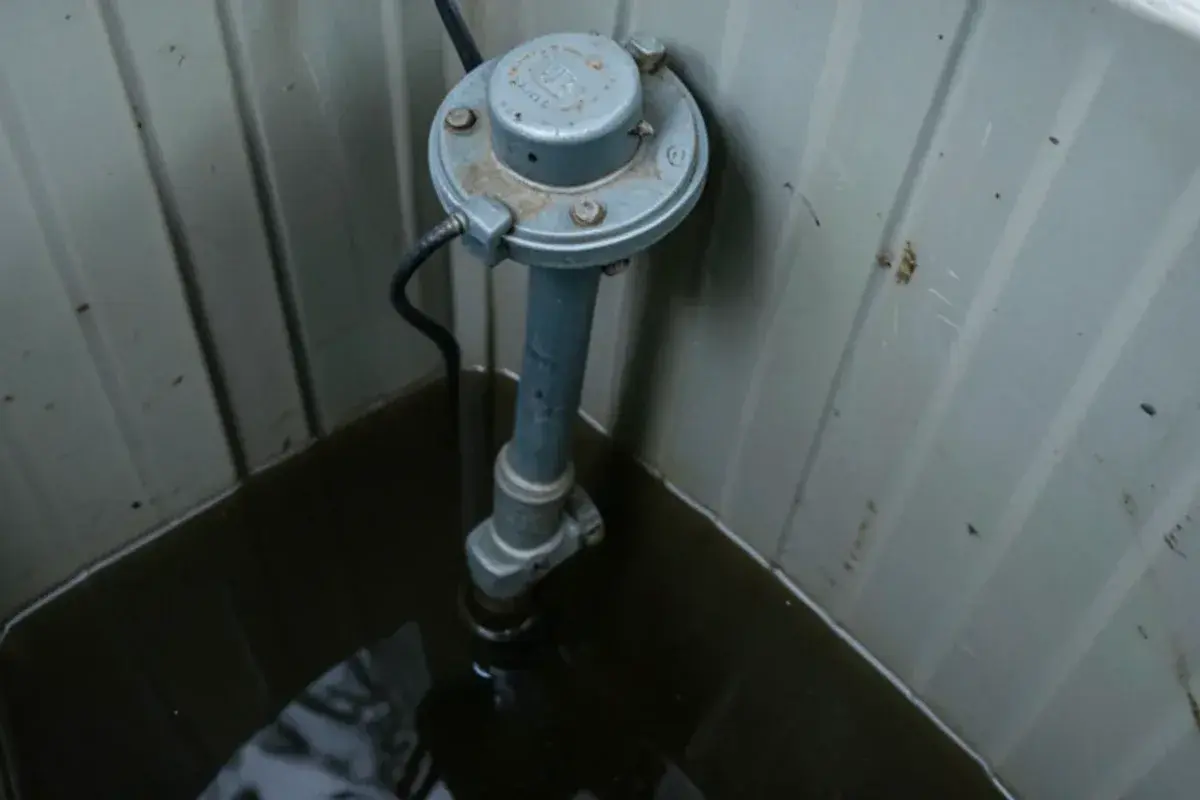 Tethered sump pump float switch caught against the side of the pit