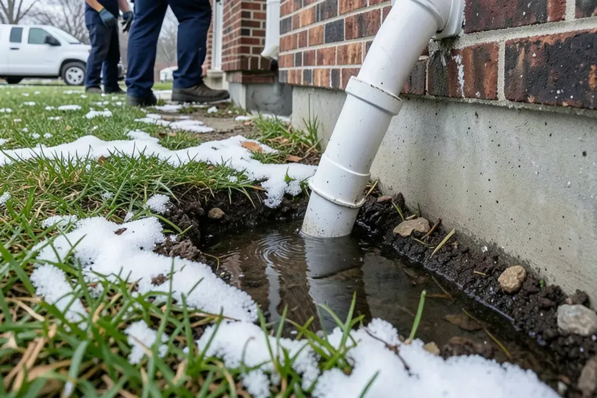 Sump pump discharge pipe emptying onto the ground right beside a house foundation