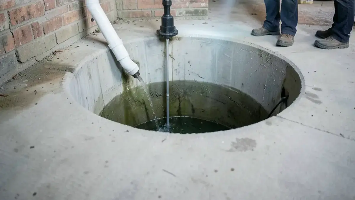 Sump pump pit in a Macomb County basement with water entering from the drain tile while the pump runs