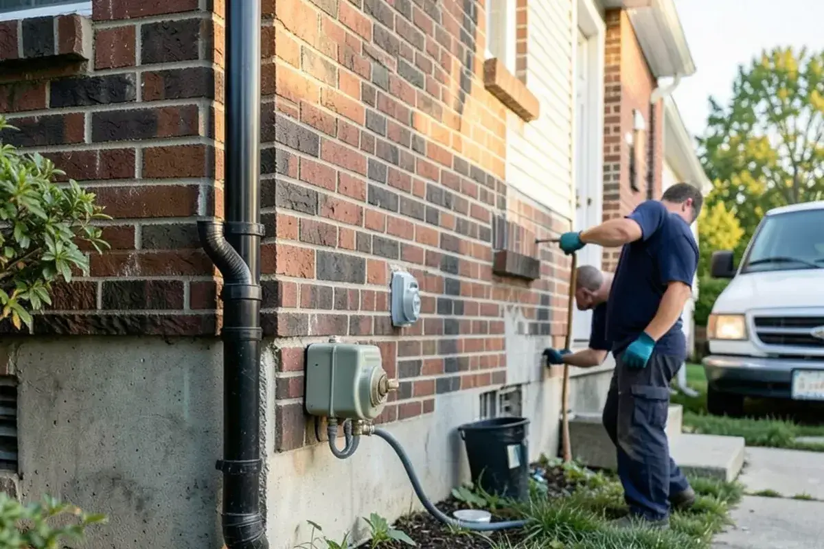 Residential gas meter and regulator on a brick wall with a new larger gas line entering the house
