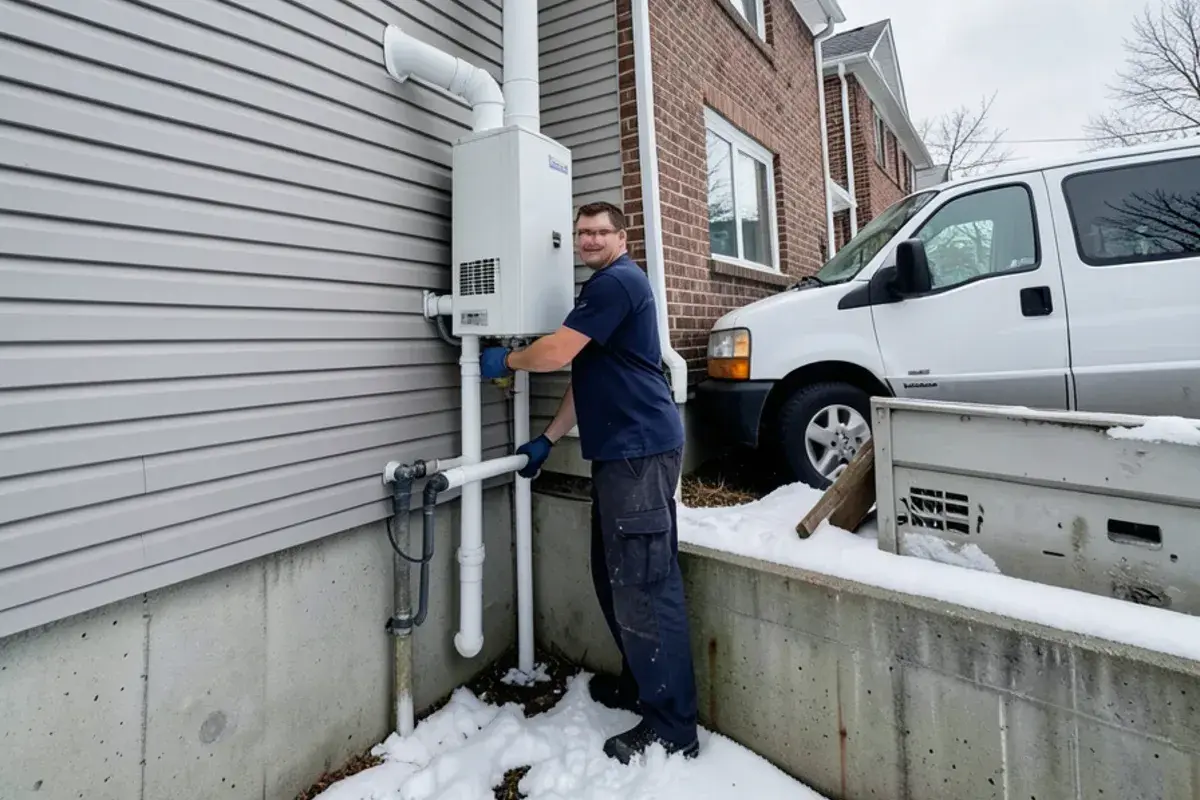 Two PVC intake and exhaust pipes for a condensing tankless heater exiting a side wall above the snow line