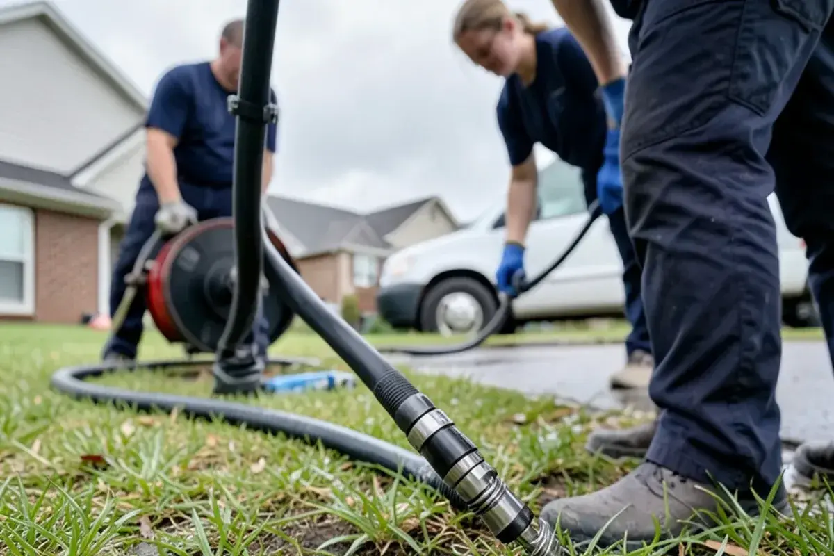 Hydro jetting hose with a spinning root-cutting nozzle laid next to an outdoor sewer cleanout