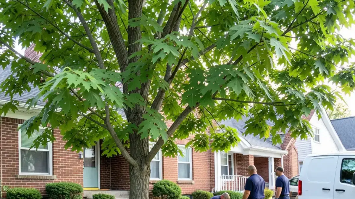Mature maple tree in the front yard of an older Macomb County home with a sewer cleanout near the sidewalk