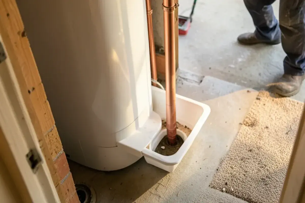 Relief valve discharge pipe running down to a drain pan under a water heater in a finished utility room