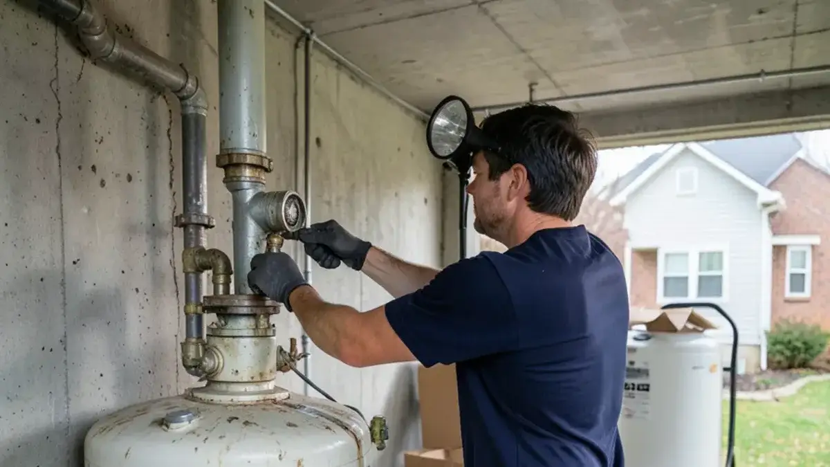 Plumber disconnecting the vent connector from an old gas water heater before replacement in a Michigan basement