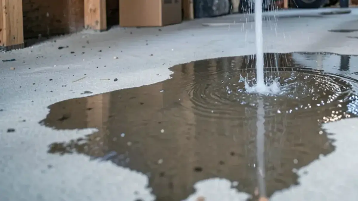 Water spraying from a split copper pipe between basement ceiling joists above a wet concrete floor