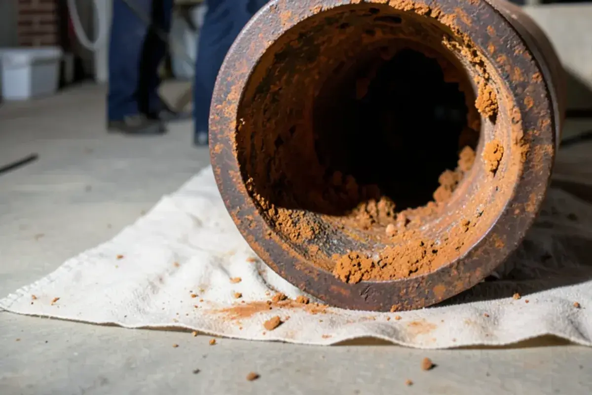 Interior of an old cast iron drain pipe rough with scale and rust buildup