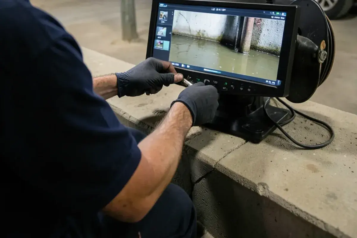 Sewer camera monitor showing standing water in a sagging section of a main drain line