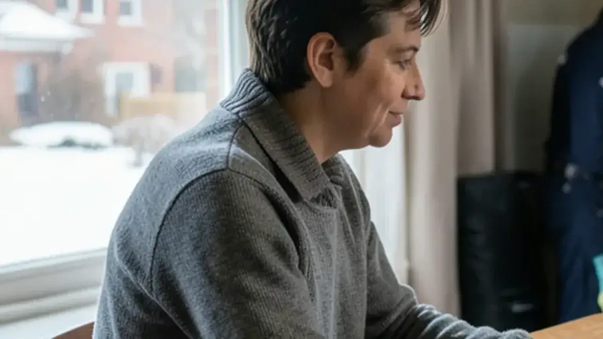 Homeowner reading on a tablet at a kitchen table beside a mug and a notepad with a plumbing checklist
