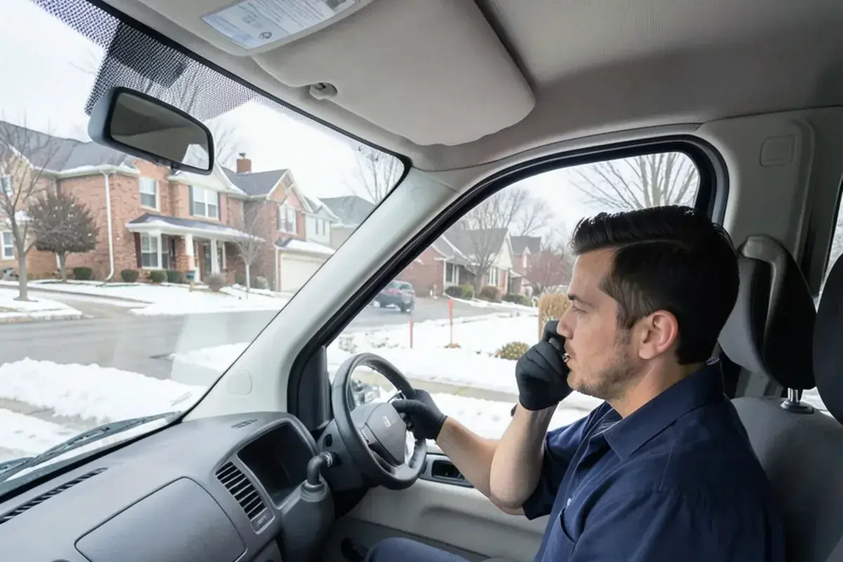 Plumber answering a call in the cab of a service van with a notepad on the dash