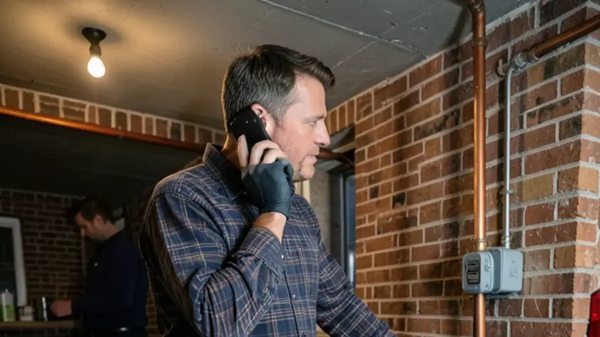 Homeowner on the phone in a basement next to the main water shutoff valve