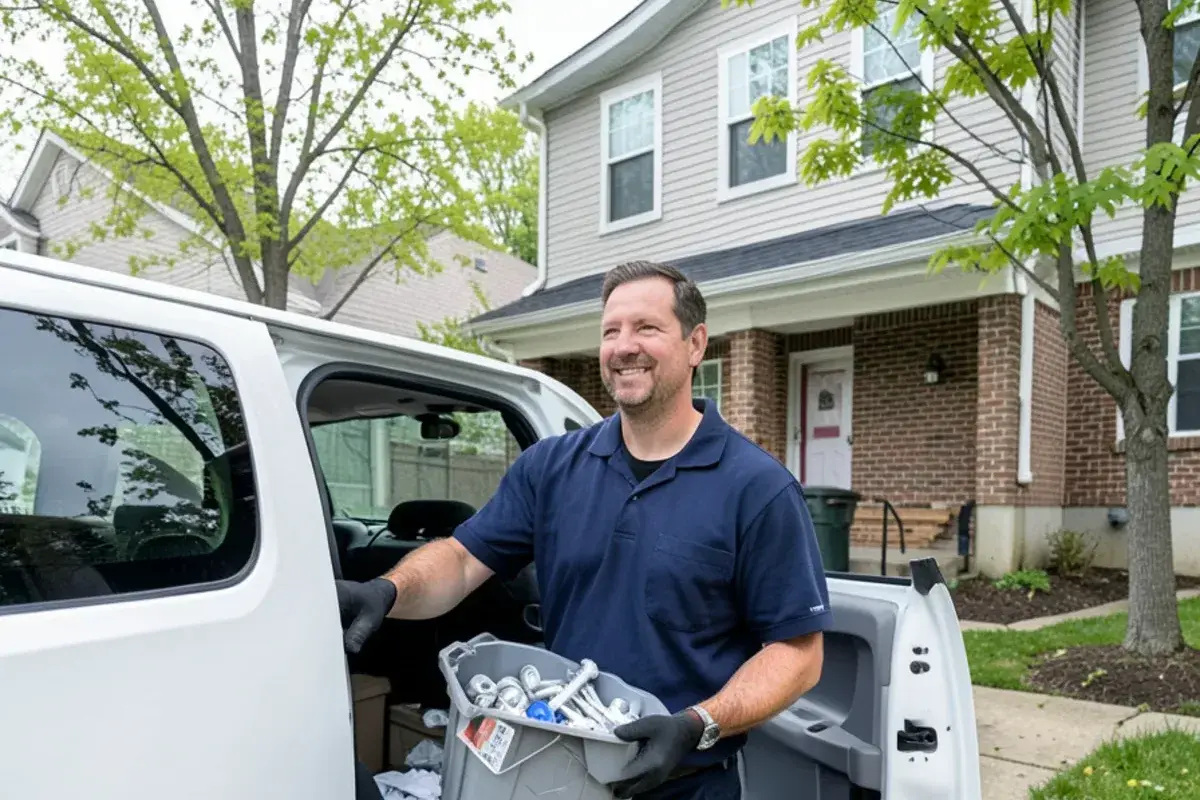 Plumber unloading a parts bin from a white van in a newer Macomb Township subdivision