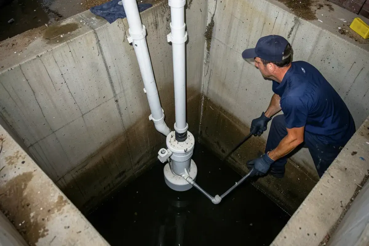 Sump pit with a submersible pump and check valve during spring snowmelt