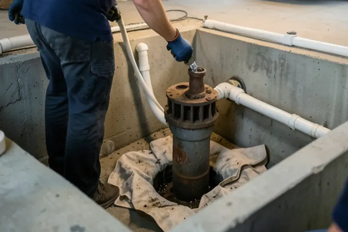 Plumber lowering a new submersible sump pump into a basement sump pit
