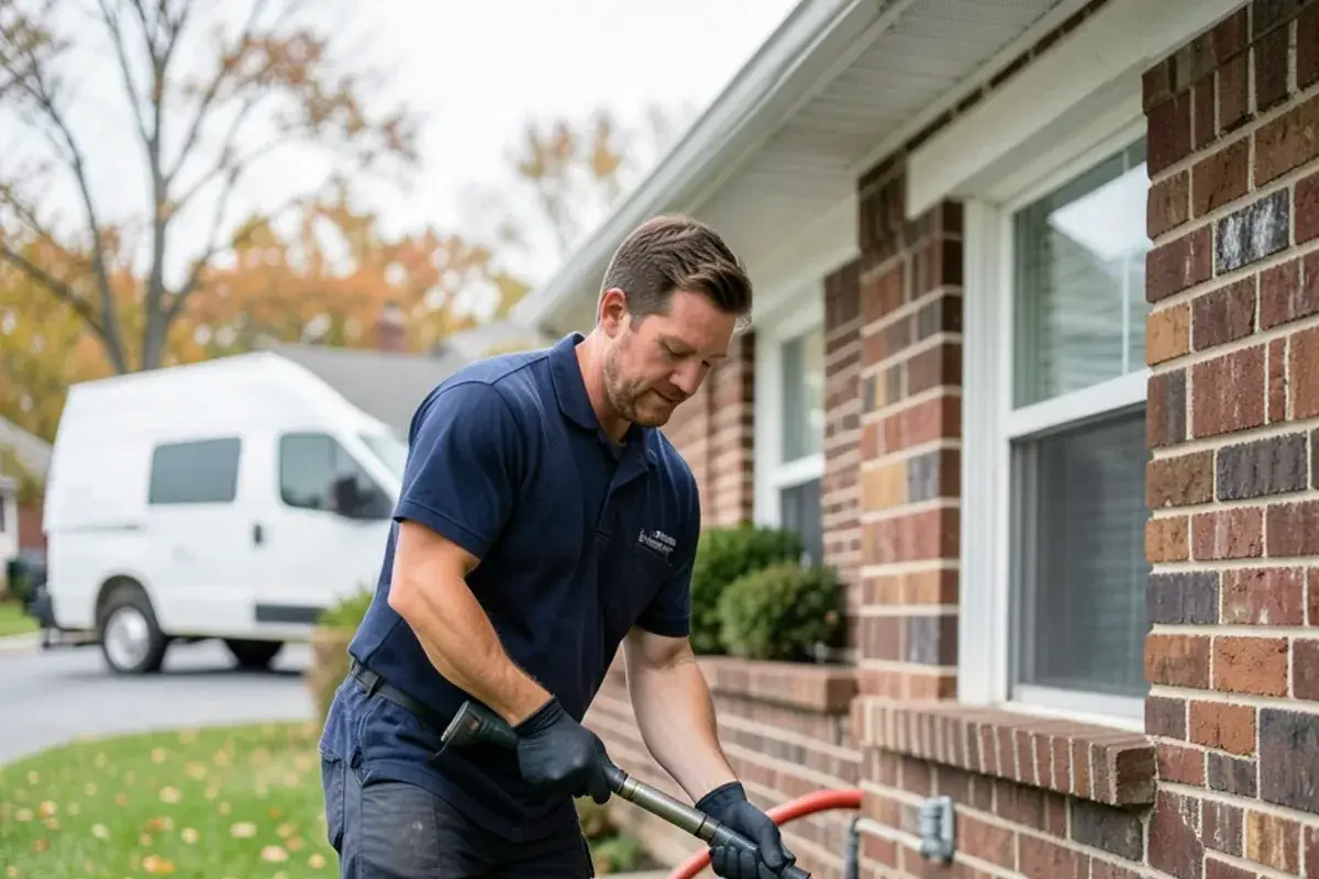 Hydro-jetting hose feeding into an outdoor sewer cleanout beside a house