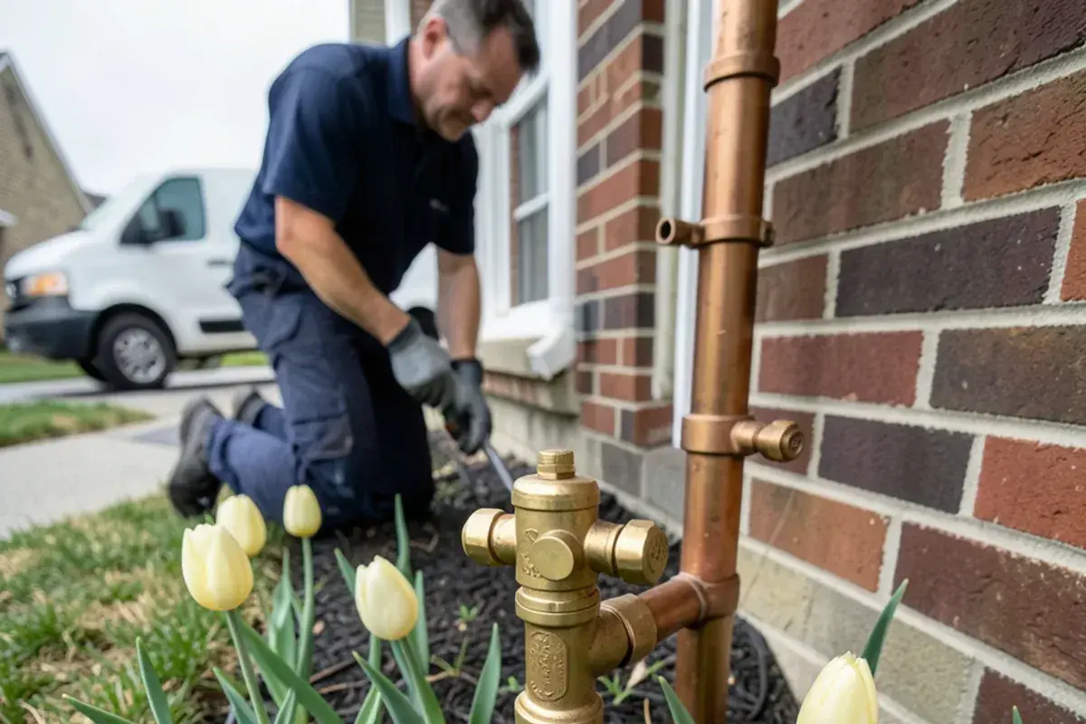 Copper pressure vacuum breaker on a lawn sprinkler riser beside a house foundation in spring
