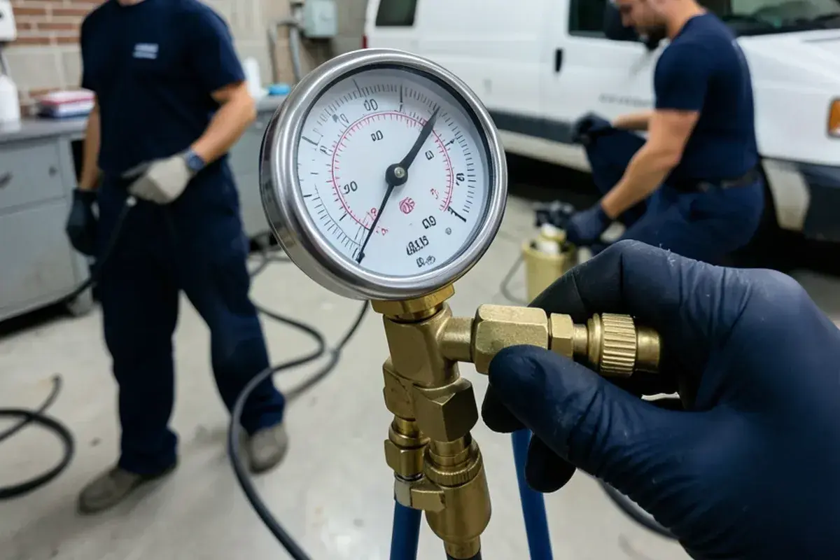 Close-up of a differential pressure gauge reading during a backflow check valve test
