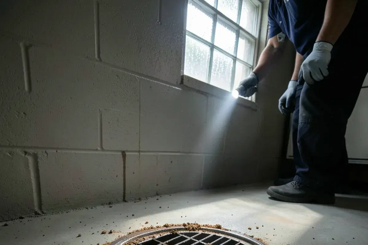 Basement floor drain with a dried water line and silt stain across a concrete block wall