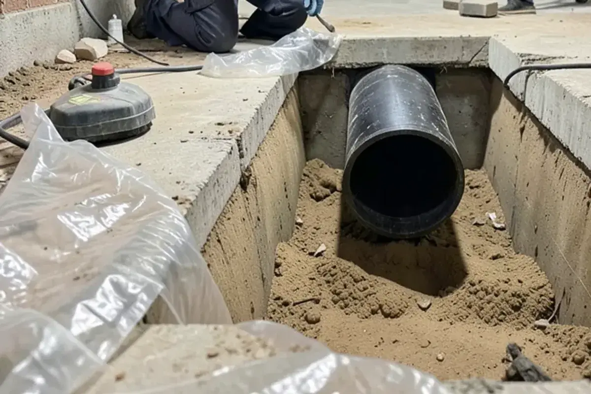 Trench in a basement slab exposing an old cast iron main sewer line before a backwater valve is added